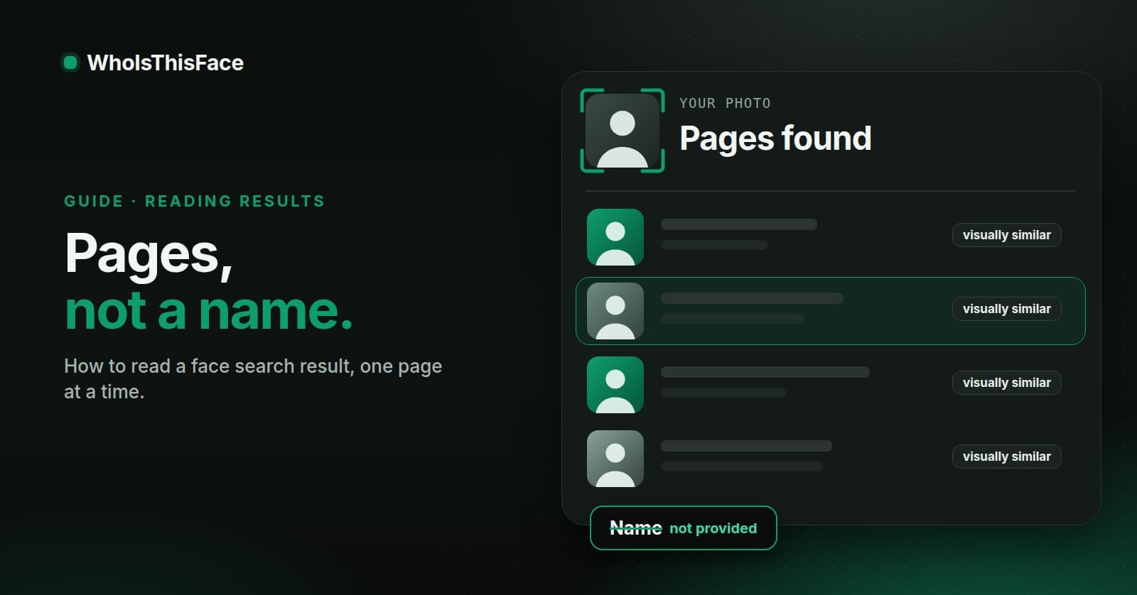 Illustration on a dark background. A result sheet headed Pages found shows a query photo and four rows, each with a thumbnail, two grey bars and a tag reading visually similar. A tag below the sheet shows the word Name struck through beside the words not provided. The title reads Pages, not a name.