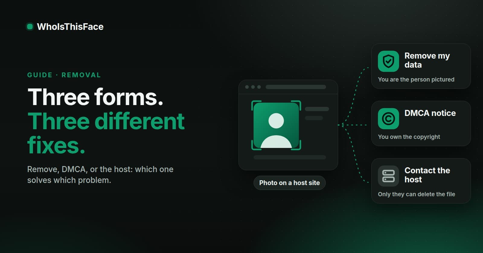 Illustration on a dark background. A browser window shows a photo on a host site. Dotted lines lead to three cards: Remove my data, for the person pictured; DMCA notice, for the copyright owner; and Contact the host, because only the host can delete the file. The title reads Three forms. Three different fixes.